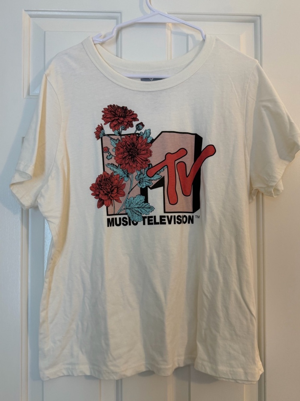 MTV White Tee with Red Floral Logo